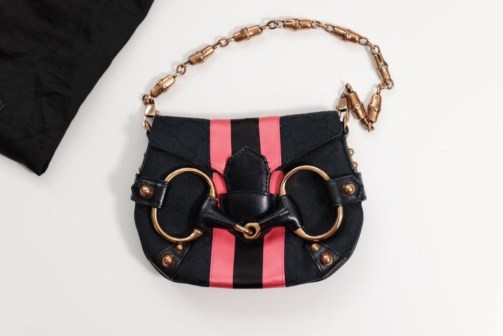 Gucci Tom Ford 2004 Black GG Canvas Pink Stripe Horsebit Chain Bag Pochette